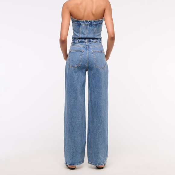 Abercrombie & Fitch Strapless Denim Dipped Waist Jumpsuit Womens MED Corset Y2K - Picture 3 of 10
